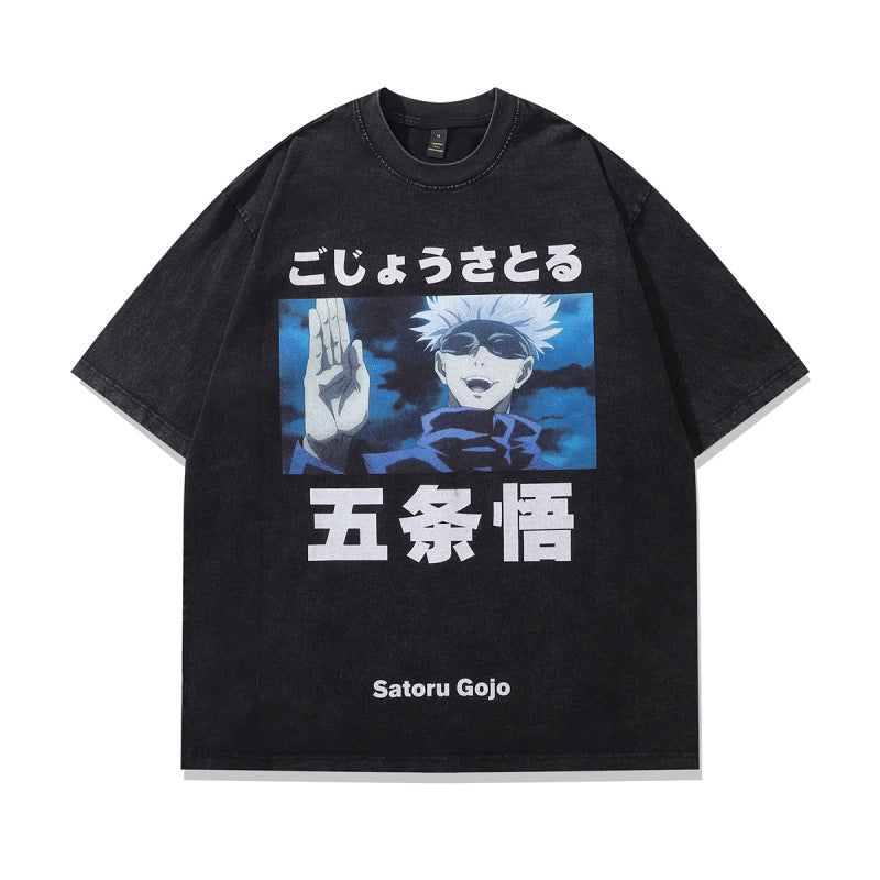 Harajuku Japanese anime Gojo Gojo washed and makes old short sleeves