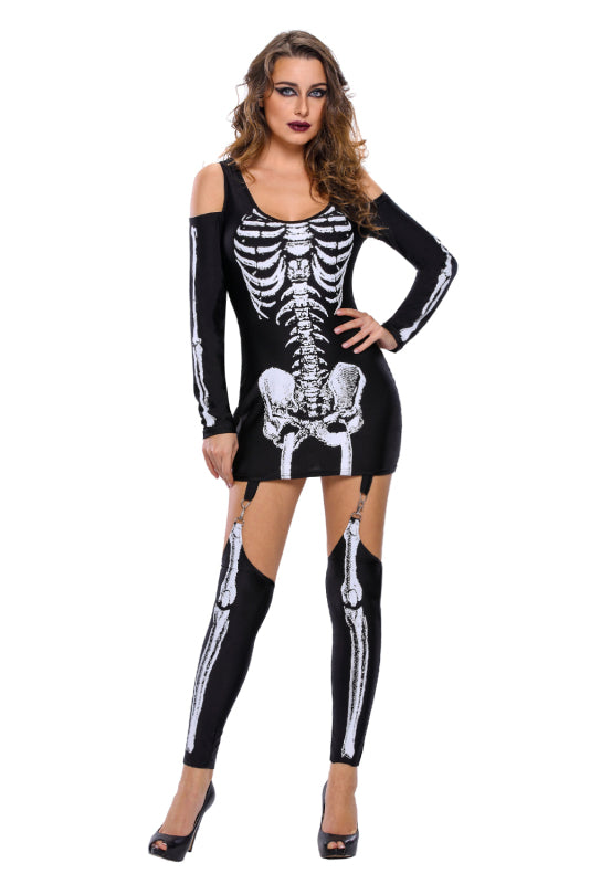 X-rayed Halloween Off-shoulder Skeleton Dress Costume