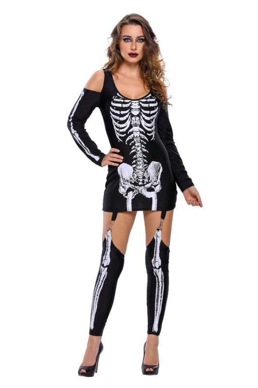 X-rayed Halloween Off-shoulder Skeleton Dress Costume