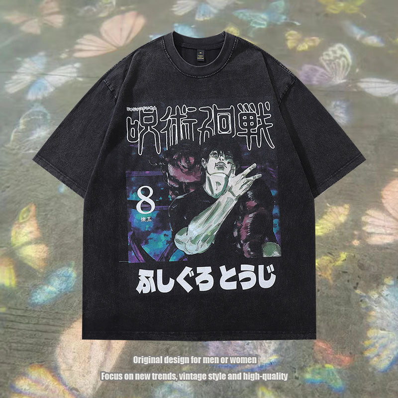 Anime print washed T-shirts