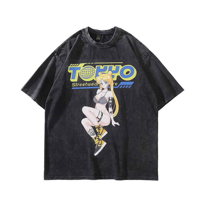 Vintage anime printed vintage washed short-sleeved T-shirts for men and women