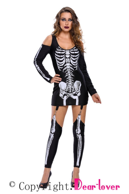 X-rayed Halloween Off-shoulder Skeleton Dress Costume