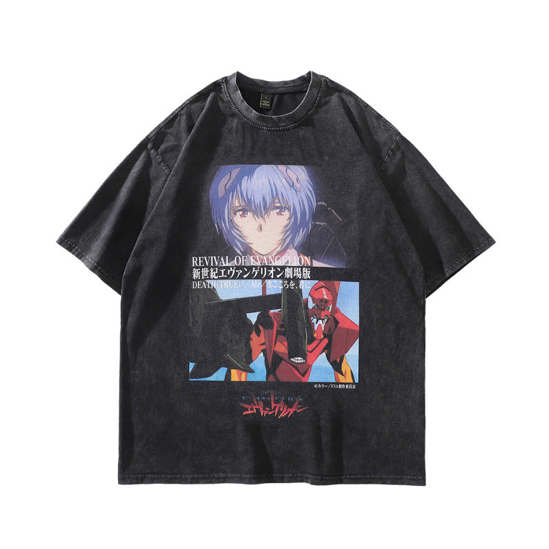 Vintage anime printed vintage washed short-sleeved T-shirts for men and women