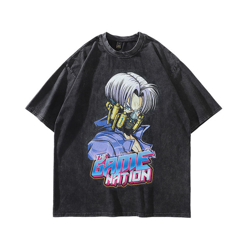 Harajuku hiphop vintage cartoon anime print washed short sleeves