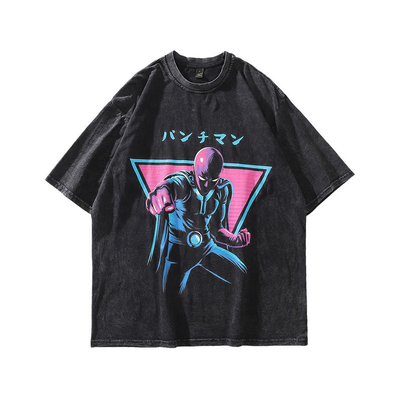 Spice Girl anime print wash old short sleeve T-shirt men and women retro national fashion brand