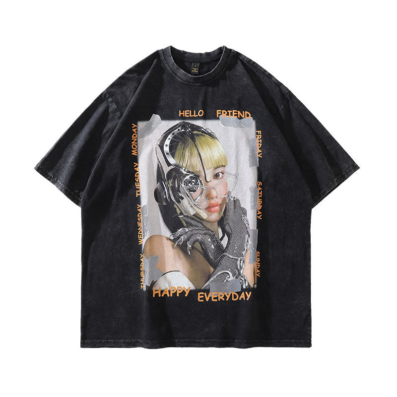 Spice Girl anime print wash old short sleeve T-shirt men and women retro national fashion brand