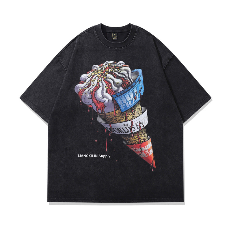 Japanese anime Harajuku street printed wash to do old short-sleeved T-shirt