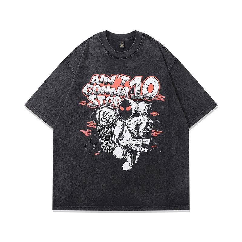 Harajuku Vintage Japanese anime Cartoon Printed Washed Heavy Weight Cotton Short Sleeve