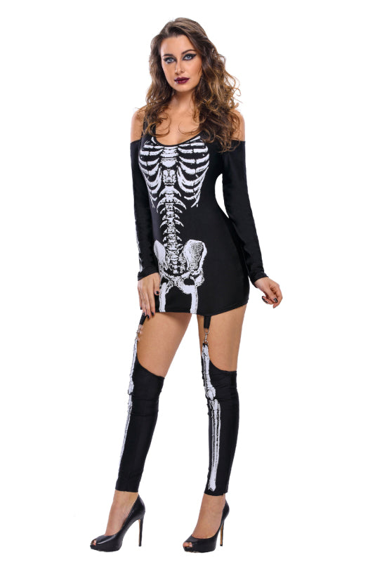 X-rayed Halloween Off-shoulder Skeleton Dress Costume