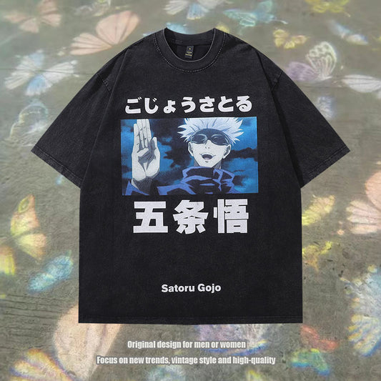 Harajuku Japanese anime Gojo Gojo washed and makes old short sleeves