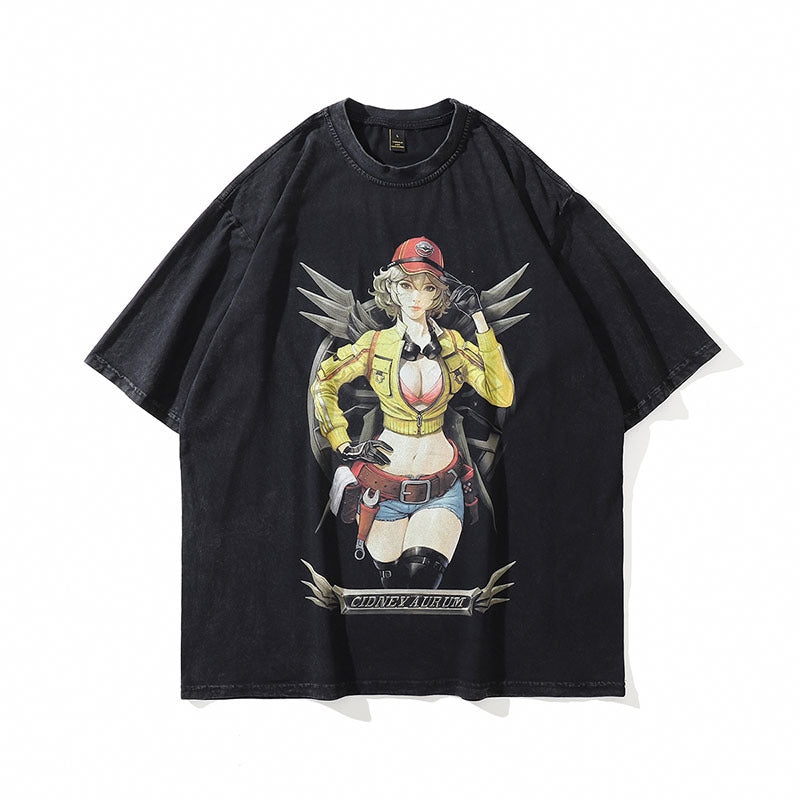 Spice Girl anime print wash old short sleeve T-shirt men and women retro national fashion brand