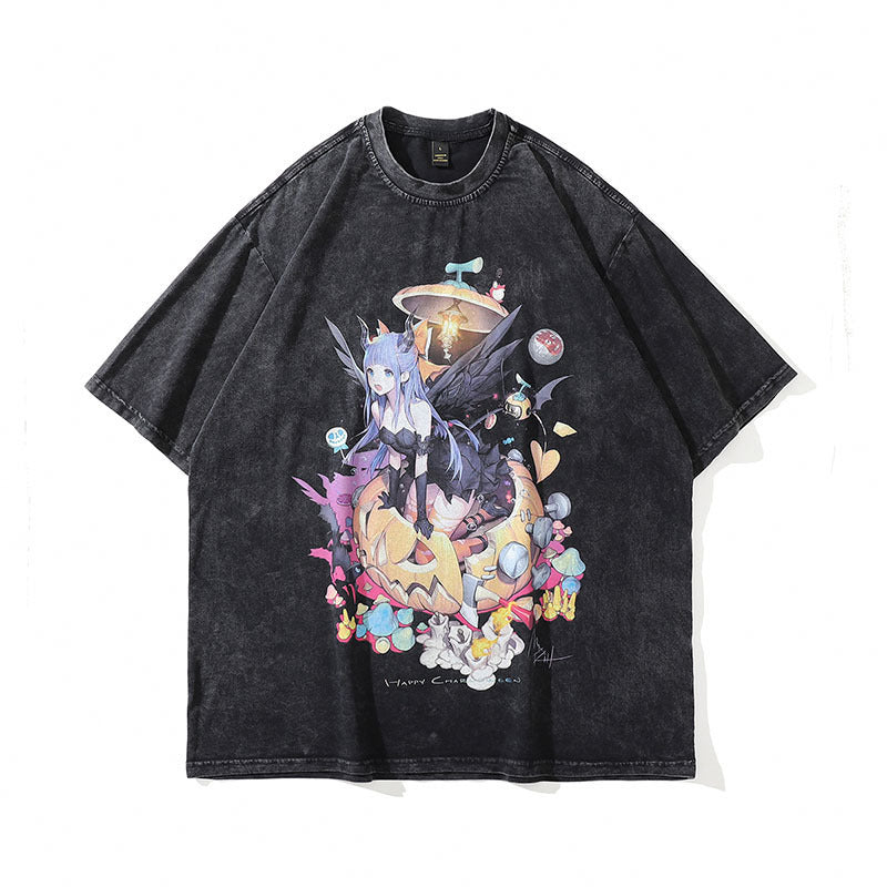 Spice Girl anime print wash old short sleeve T-shirt men and women retro national fashion brand